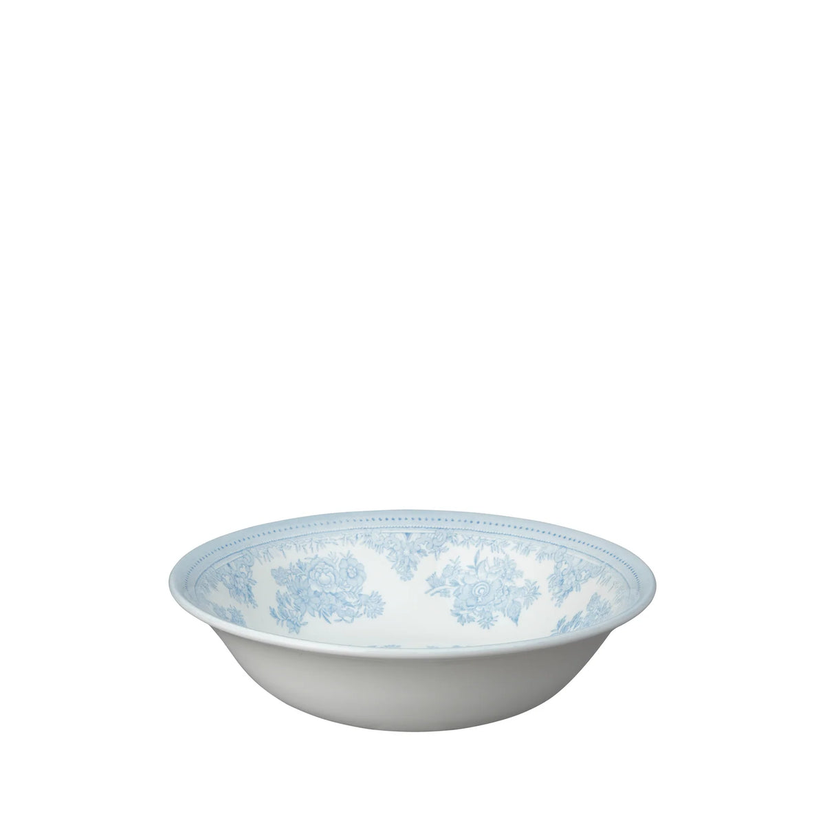 A white ceramic bowl with a delicate light blue floral toile pattern printed around the inner rim, shown against a plain white background.