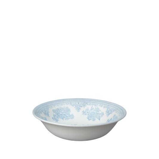 A white ceramic bowl with a delicate light blue floral toile pattern printed around the inner rim, shown against a plain white background.